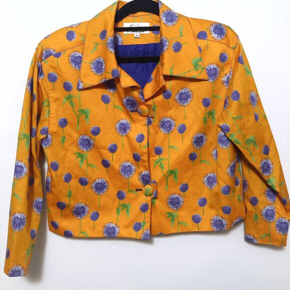 Paula Hian Womens Light Weight Cropped Blazer Jacket Orange Floral Cotton Size 6 - Picture 1 of 5